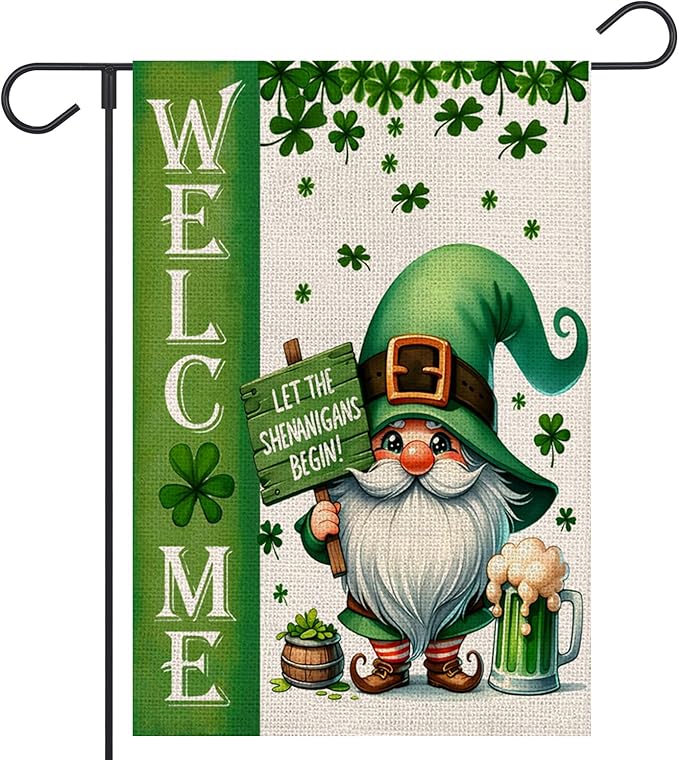 St Patricks Day Welcome Garden Flag 12x18 Inch Double Sided Gnome Lucky Shamrocks Clovers Outside Small Flag for Yard Outdoor Holiday Decoration