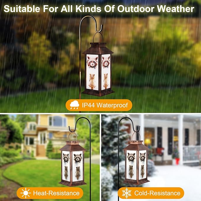 Pawatee Solar Hanging Lanterns, Bronze, Raccoon Style, 3 LED, Waterproof, Ideal for Garden, Patio, Lawn, and Porch