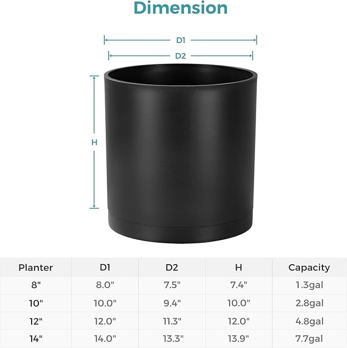FaithLand 14-Inch Large Modern Cylinder Planter, Thick-Walled Plastic Plant Pot with Drainage Holes and Detachable Saucer, Matte Black, Ideal for Indoor & Outdoor Plants Flowers
