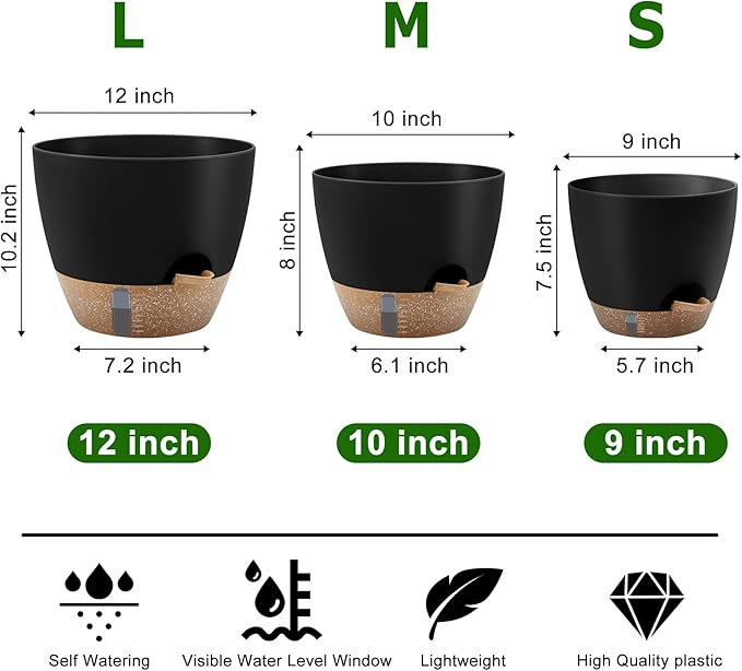Self-Watering Plant Pots with Water Level Indicator, Drainage Holes & Saucers – 12/10/9 Inch Large Plastic Planter Set for Indoor & Outdoor Plants(Black)