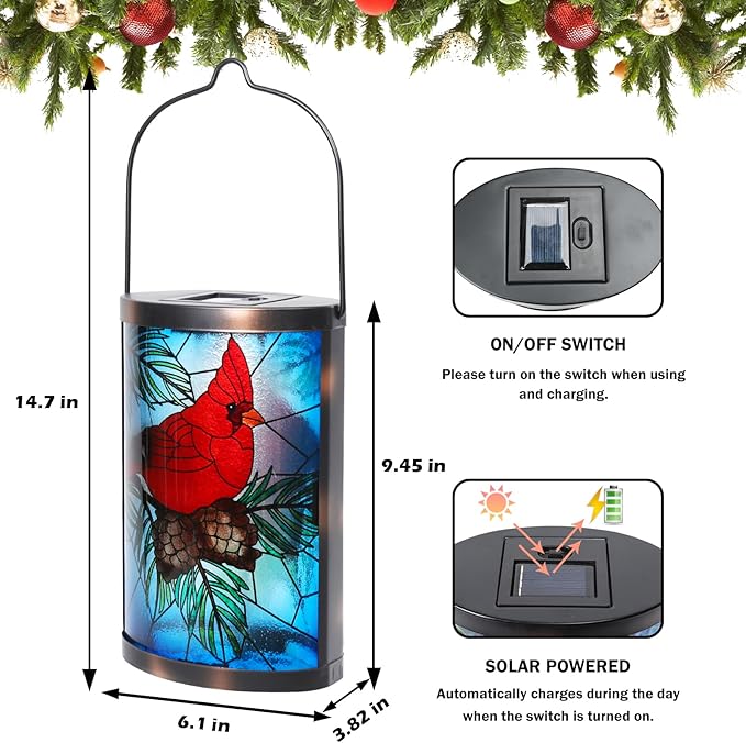 Afirst Christmas Solar Lantern - Cardinal Decorative Glass Solar Lights Outdoor Waterproof Tabletop Lamp for Garden Yard Patio Decor
