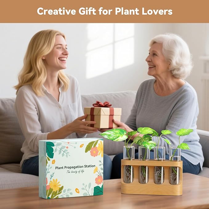 Giunn Plant Propagation Station with 9-Speed Adjustable LED Lights, Wooden Stand, 4 Glass Test Tubes for Hydroponic Plants, Unique Gift for Plant Lovers