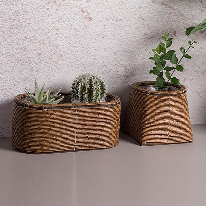 Rattan Flower Basket, Wicker Woven Planter with Plastics Liner, Hand Woven Basket Planter, Desktop Flower Pot for Bathrooms Kitchens Home Office