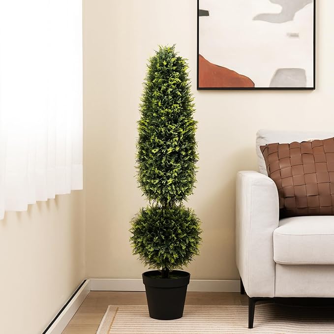 Goplus 4FT Artificial Cedar Topiary Trees for Outdoors, Set of 2 Faux Potted Plants Cypress Trees with Natural Vines, Cement Pot, Fake Evergreen Artificial Topiary for Indoor Home Front Porch Decor