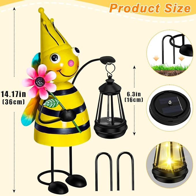 Solar Garden Lights Bee Statue with Solar Lantern Lights,14.17 Inch Garden Lawn Decoration,Birthday Gifts for Women Grandma,Gardening Gifts Decorative Stakes for Yard,Patio,Porch, Christmas,Halloween