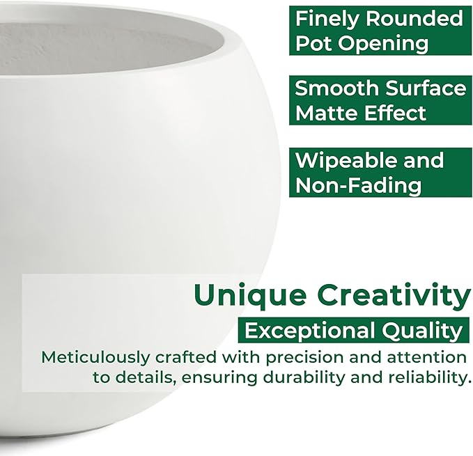 FloraFairy Fiberstone Sphere Planter, 15.8" Dia Round Flower Pot with Drainage Hole and Removable Plug, Plant Pot for Indoor Outdoor Use, 11.8" Opening-10.9" H Medium, White