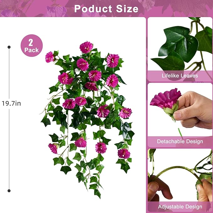 Morning Glory Artificial Hanging Flowers for Outdoors 3 Pcs Fake Petunias Flower Faux Silk Long Trailing Vines Realistic Flower for Front Door Porch Patio Balcony Garden Yard Decor (3 Pcs Fuchsia)