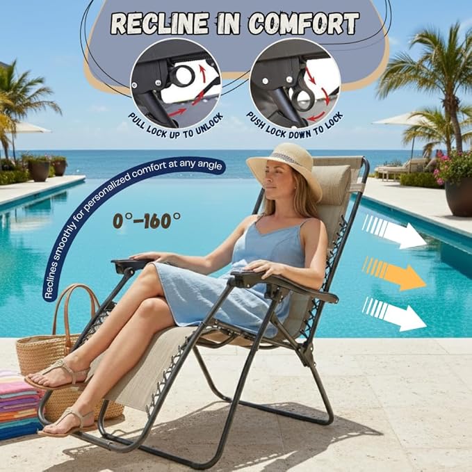 EZONE 1 - Chair Zero Gravity Lounge Chair Outdoor Adjustable Reclining Patio Chair Steel Mesh Folding Recliner for Pool Beach Camping Lounge Chair with Pillow and Cup Tray (1, Beige)