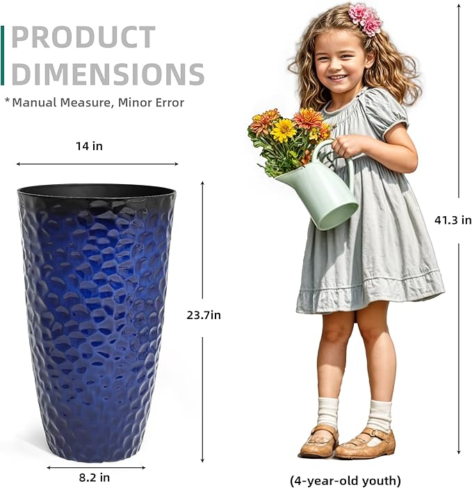 Ultym 23.75" H Large Tall Outdoor Planters, Set of 2 Plastic Large Flower Pots for Outdoor Plants, Gradient Cobalt Blue Honeycomb Textured, Weather-Resistant for Porch, Garden, Patio or Indoor Use