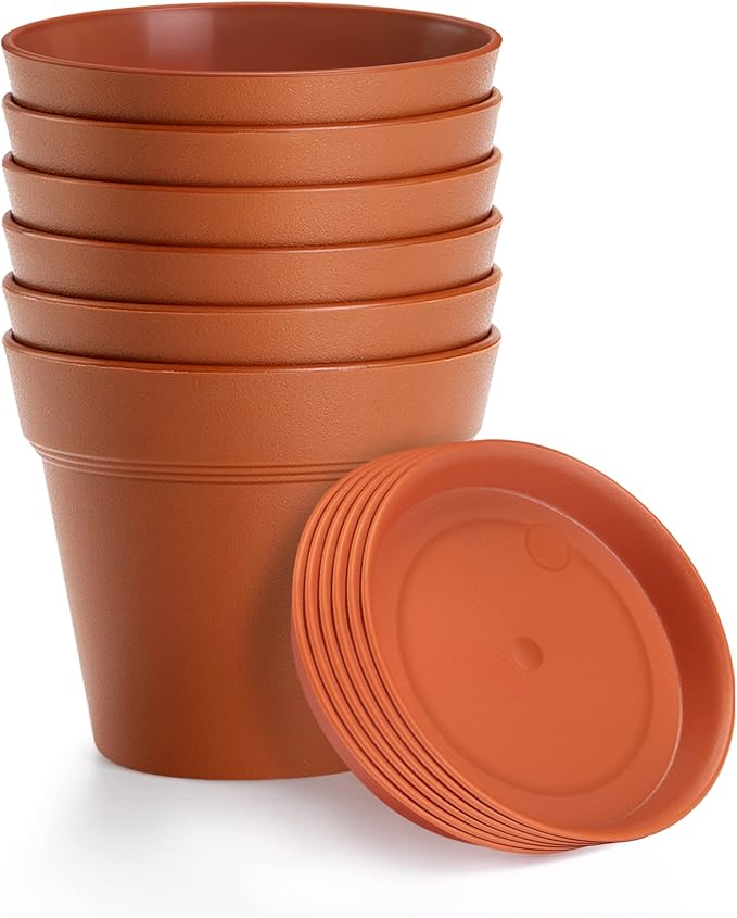 FHWTY 6 Pack Plastic Plant Pots with Drainage Holes and Tray, 7 inch Thickened Indoor Planters Seedlings Nursery Pots for Flowers, African Violet, Succulent and All House Plants, Terracotta