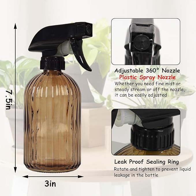 Glass Plant Mister Bottle, 13.5oz Refillable Water Spray Bottle with Adjustable Mist Nozzle for Indoor Flowers, Outdoor Gardening, Cleaning, Hair and Pets Care (Brown)