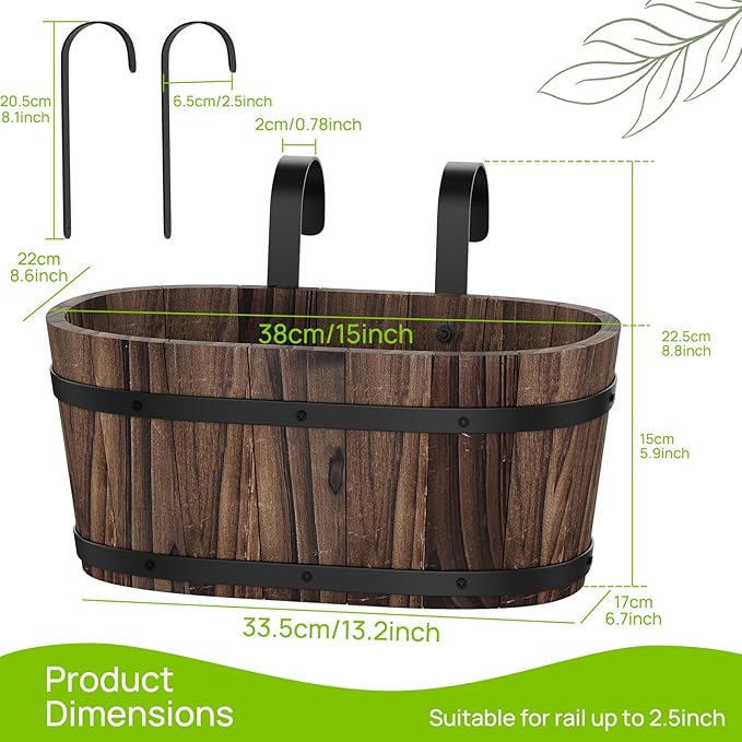 Wooden Hanging Planter for Railing Fence Outdoor Planter Railing Planter Boxes for Plants Wall Planters Window Flower Box Hanging Bucket Pots Countryside Plant Holder (Carbonized,2pcs,Large)