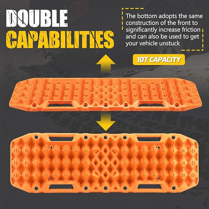 BUNKER INDUST Off-Road Traction Boards with Jack Base,Pair Recovery Track 4X4 Jeep Truck Emergency Tire Traction Mat with Bag -Sand, Mud, Snow Tracks Orange Traction Pad (Gen 7th)