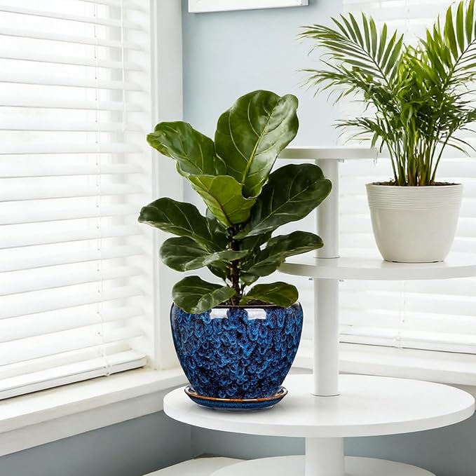 Hollyone 7inch Ceramic Planter Blue Ceramic Plant Pot for Plants Flowers with Drainage Hole and Saucers Ceramic Glaze Round Flower Plant Pot for Indoor Outdoor Medium Round Succulent Orchid Flower Pot