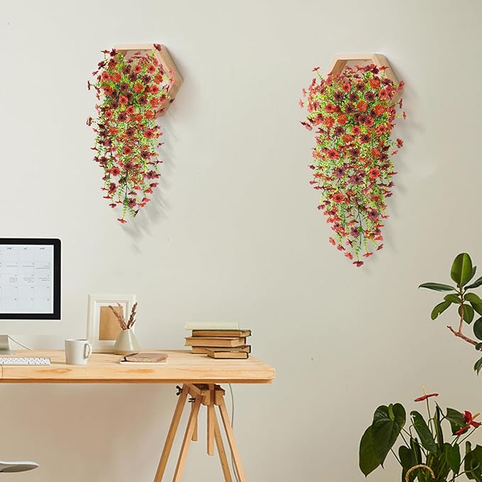 Artificial Hanging Flowers Plants for Outdoor Spring Decoration, 2PCS Faux Silk Daisy UV Resistant Look Real for Outside Home Indoor Planter Porch Garden Yard Decor(Red Brown)