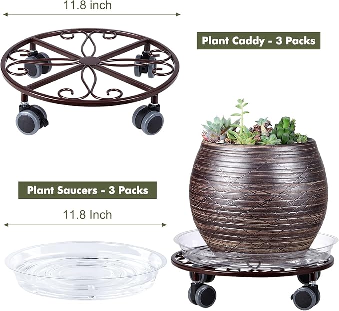3 Pack Plant Caddy with Wheels Heavy Duty 11.8 Inches Metal Plant Stand with Wheels Plant Dolly Rolling Plant Stand Plant Roller with Casters for Indoor and Outdoor (3, Bronze)