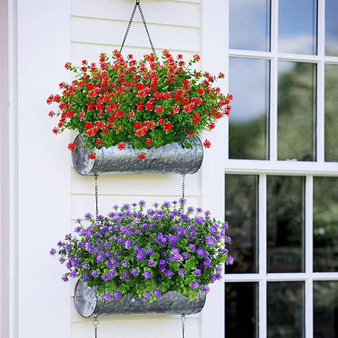 ArtBloom 6 Bundles Outdoor Artificial Flowers UV Resistant Fake Boxwood Plants, Faux Plastic Greenery for Indoor Outside Hanging Plants Garden Porch Window Box Home Wedding Farmhouse Decor (Red)