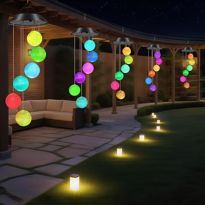 WENANA Ball Solar Wind Chimes Color Changing Lights Outdoor, Best Gifts for Mom Grandma Women Wife Aunt Daughter Sister, Unique Mobile Wind Chime, Gardening Yard Decorations