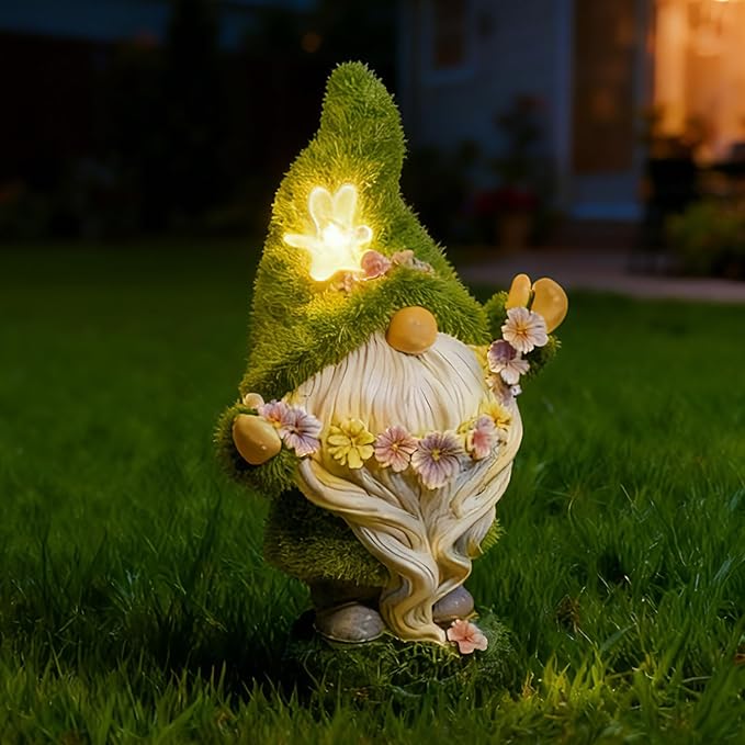 DiliComing Garden Flocked Gnomes Decor for Yard - Artificial Green Moss Gnome Statue with Solar Light, Dwarf Sculpture for Outdoor Patio Porch Lawn Decor, Spring Decorations for Home
