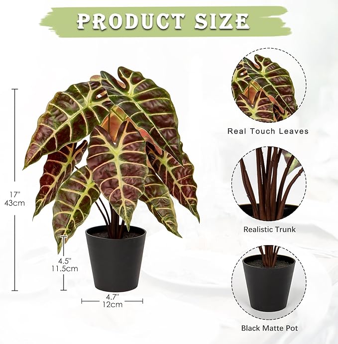 Briful Fake Plant Real Touch Artificial Alocasia Bambino Plant in Black Nursery Pot Faux Alocasia Polly Houseplant for Shelf Tabletop Centerpieces Farmhouse Home Décor, Purple Green