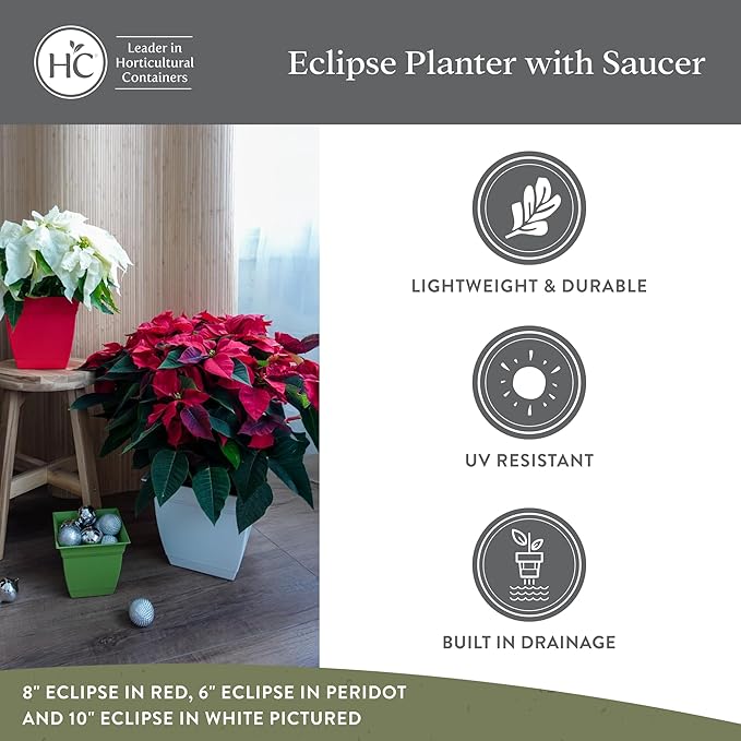 The HC Companies 10 Inch Eclipse Square Planter Pots with Drainage Holes & Attached Saucer, Lightweight UV-Resistant Plastic Indoor Outdoor Planters, 2-Pack Flower Pots, Garden Home Decor, Slate Blue