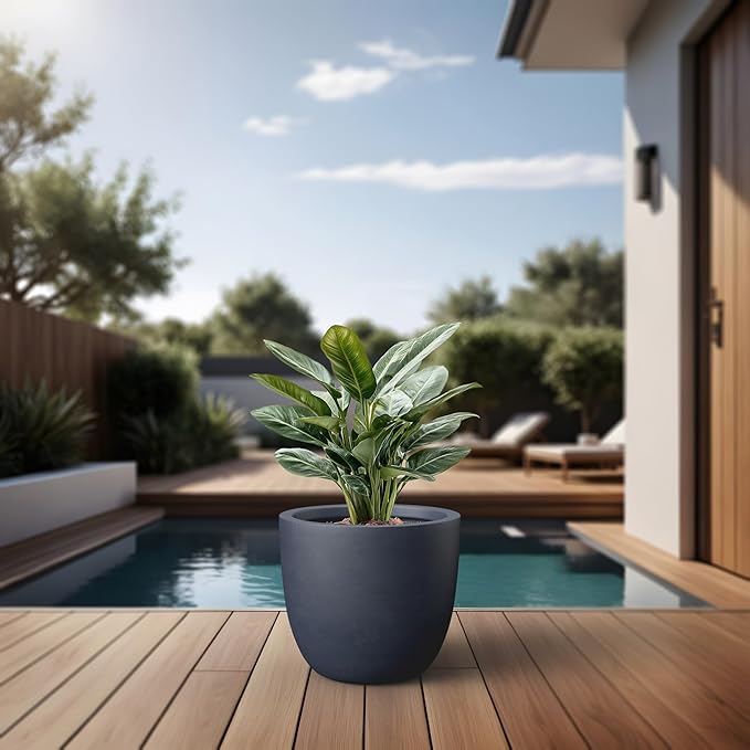 Kante Round Concrete Planter, Large Outdoor Indoor Garden Pots with Drainage Hole, 14-Inch Diameter Flower Pots for Patio, Garden and Home, Charcoal