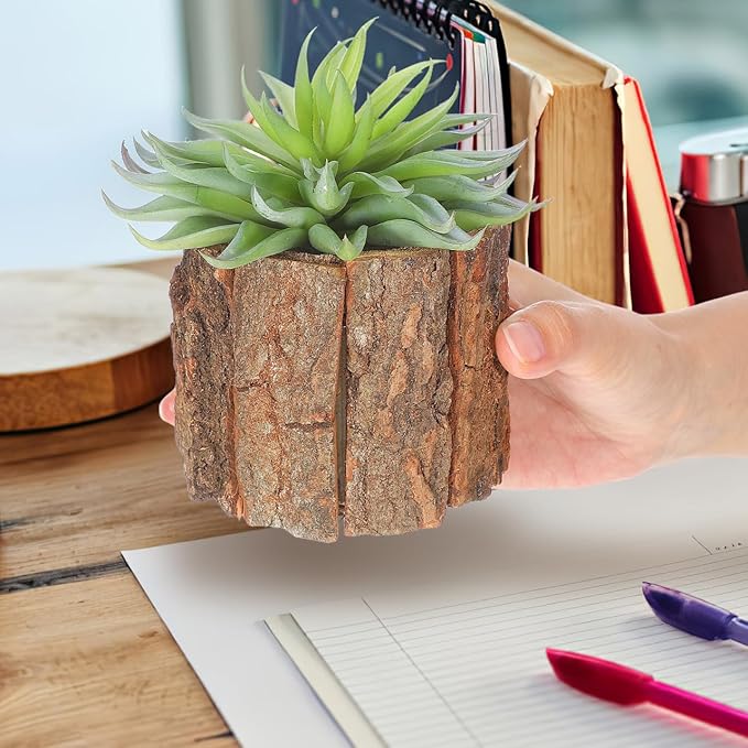 Housoutil 3PCS Wooden Bark Flower Pots, Rustic Farmhouse Planters, Light Brown Log Plant Containers, 3.54x3.54x3.14 Inch, Ideal for Succulents, Cacti, Home and Garden Decor, Weddings, and Holidays