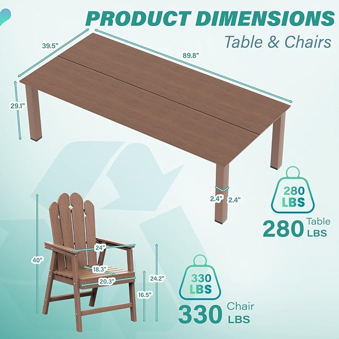 9-Piece Patio Dining Set for 8, Large HDPE All-Weather Outdoor Furniture with Umbrella Hole Table, 89.76” Oversized Table, 8 Armchairs, Brown