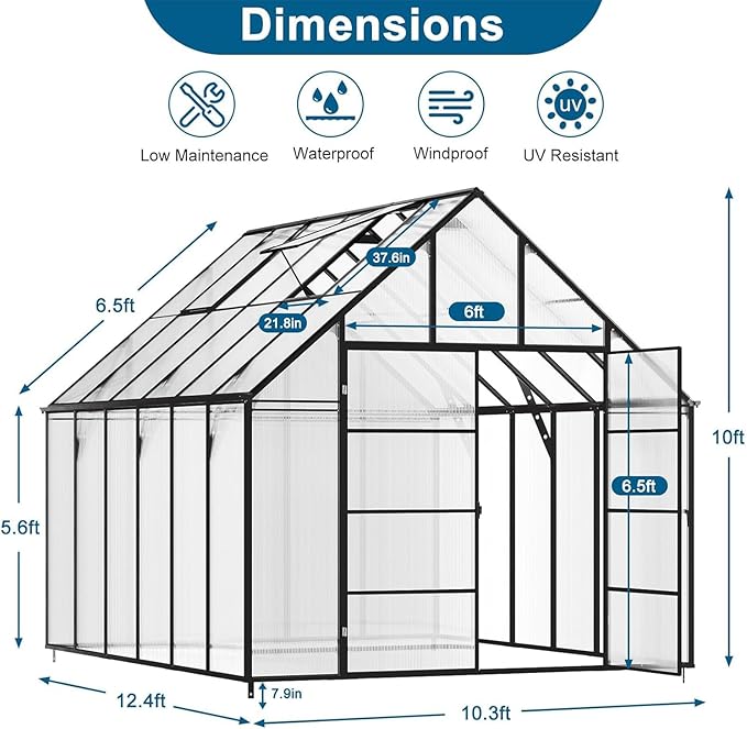 12x10 FT Polycarbonate Greenhouse for Outdoor, Heavy Duty Aluminum Frame Transparent Panels Plants Green House Kit with Windows Vents Door for Backyard Garden, Large Outsides Walk in Greenhouses