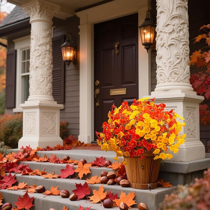 Grunyia Artificial Flowers Outdoor Fall Decor - 12 Pcs UV Resistant Fade Proof Fake Plants for Garden Porch, Thanksgiving Autumn Decorations, Waterproof for All Weather