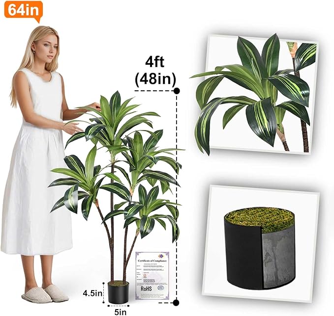 Aveyas 4ft Artificial Dracaena Tree for Home Decor, 4 Feet Real Touch Large Faux Plant Fake Silk Floor Trees with Pot for Indoor Outdoor House Living Room Office (4 ft Tall)