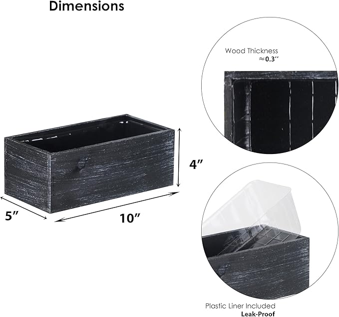 CYS EXCEL Small Natural Black Wood Rectangle Planter with Removable Plastic Liner (H:4" Open:10"x5") Country Rustic Indoor Decorative Box for Flower Succulent