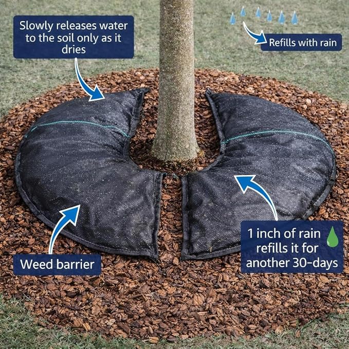 SteadySpring® Smart 30+Day Tree Watering Mat Auto Refills with Rain for Trees with ~20 in (16 in to 23 in) Root Ball - Watering Mat Plus Weed Barrier and Frost Protection Blanket (4)