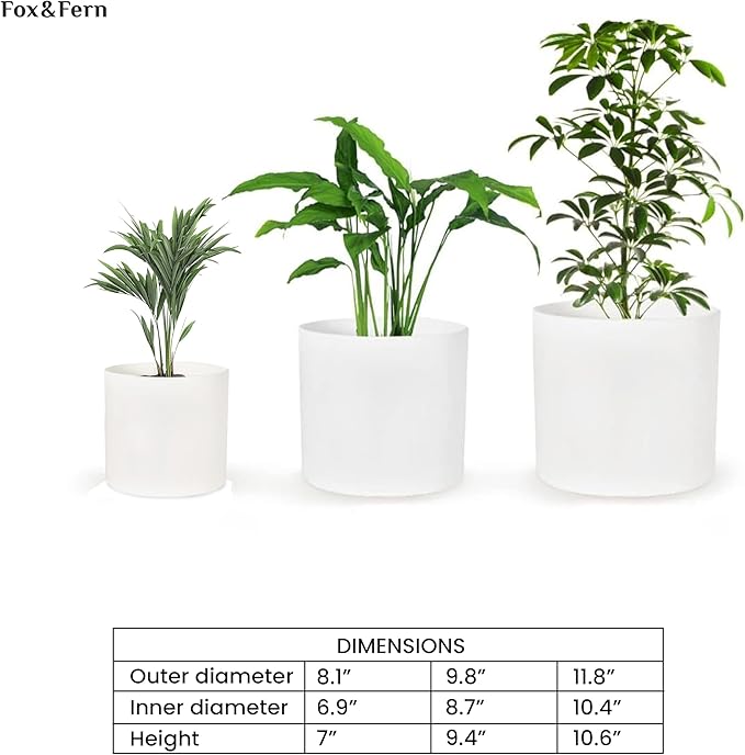 Fox & Fern Matte White Plant Pots with Drainage Plug (Set of 3) — Premium Lightweight Fiberstone 8, 10, and 12 Inch Planters for Indoor and Outdoor Use - Weather Resistant & UV Resistant