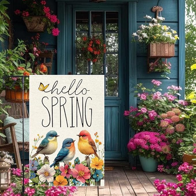 Hello Spring Cardinal Garden Flag 12x18 inch Double Sided Burlap Small Butterfly Seasonal Wildflowers Rustic Farmhouse Yard Lawn Outdoor Holiday Home Flags Decorations