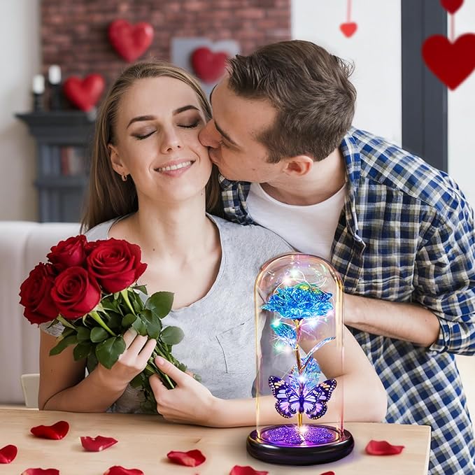 Valentines Day Rose Gifts for Her, Birthday Gift for Women Galaxy Glass Rose in Glass Dome Forever Eternal Crystal Flower with Butterfly Valentine Gifts for Women Daughter Mom Wife Girlfriend Blue