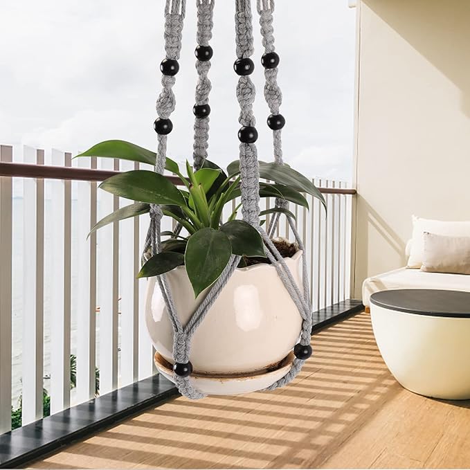 MKO SHUN 3-Pack Macrame Plant Hanger Indoor - Hanging Planter Basket for Indoor Outdoor - Decorative Boho Plant Holders Set with Beads - Ceiling Flower Pot Holder with 6 Hooks - 35"/30"/24" Gray