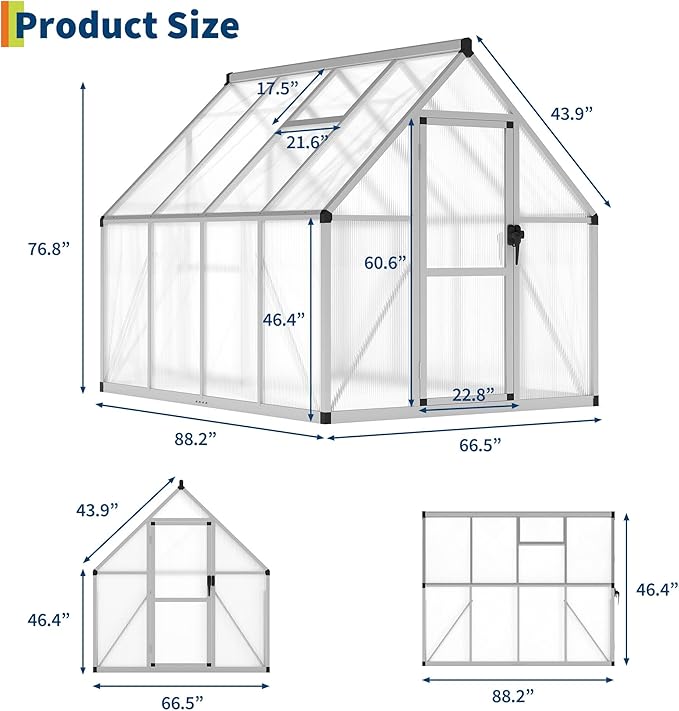 IDEALHOUSE 6x7 FT Greenhouse for Outdoors, Lockable Door and Ajustable Roof Vent, Polycarbonate Greenhouse with Windproof Aluminum Frame, Aluminum Walk-in Greenhouses, for Backyard, Lawn