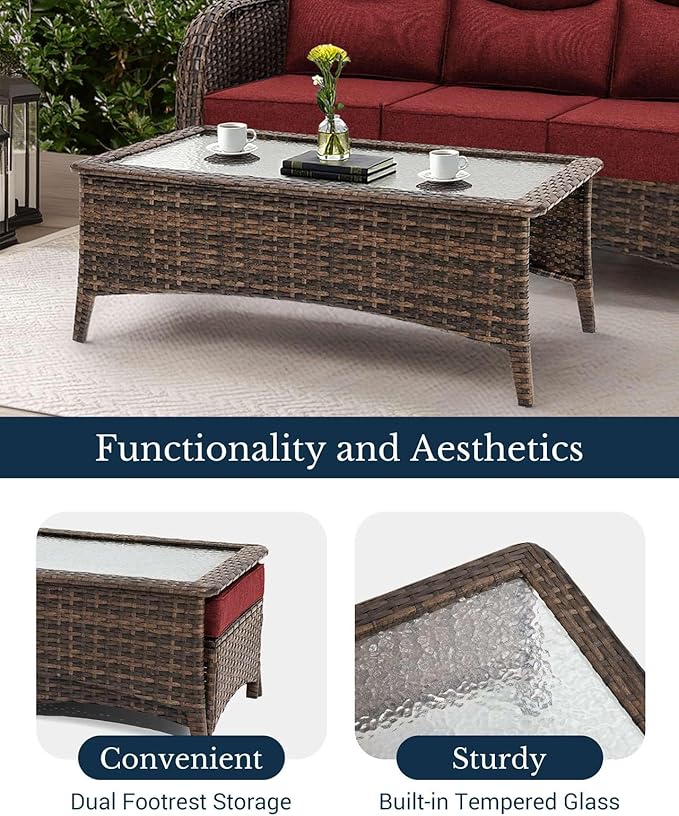 HILLGA Luxury Patio Furniture Set with 6-inch Thick Cushion, Outdoor Couch and High Back Swivel Rocker Patio Chairs, 11PCS Wicker Conversation Set for Deck Yard and Poolside, Burgundy (V2)