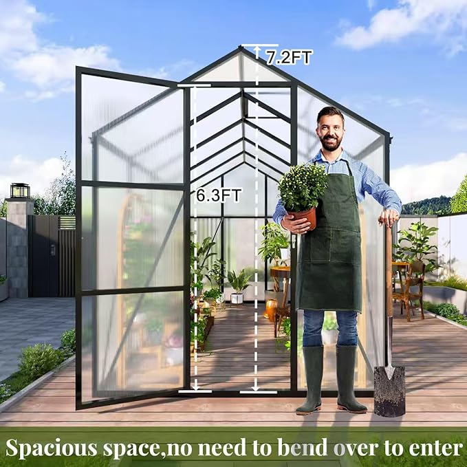 7.2FT High 6.1*6.1FT Greenhouse for Outdoors, Polycarbonate Greenhouse with Stronger Wind Protection and Roof Vent,Walk-in Large Aluminum Sunroom Winter Proof,Black