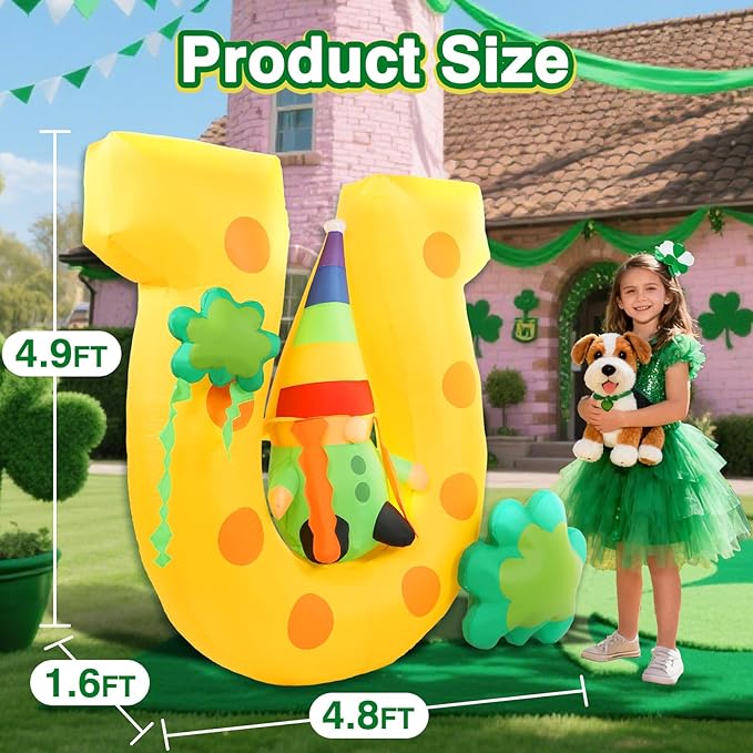 4.9FT St Patricks Day Inflatables Outdoor Decorations Blow Up Gnome Sits on Lucky Horseshoe Arch with Shamrock LED-Lighted Décor Leprechaun for Yard Lawn Garden Party Holiday