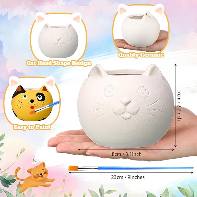 Pasimy 6 Set Ceramics to Paint DIY Ceramic Succulent Planter Pots Paint Your Own Flower Pots Craft Kit Unpainted Bisque Flowerpot with Brush Palette for Family Activity Holiday Gifts(Cat)