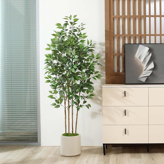 SOGUYI Ficus Artificial Tree 6ft Fake Silk Plant for Home Decor Indoor, Faux Floor Tree in White Imitation Ceramic Planter with Green Fake Moss for Home Office Corner Indoor Decor, Set of 1