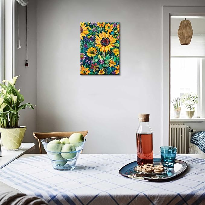 FUNHUA Sunflower Paintings Modern Floral Canvas Prints Aesthetic Posters Farmhouse Sunflower Wall Art Bathroom Decor Flower Pictures for Living Room Bedroom Office With Wood Framed 12X16inches