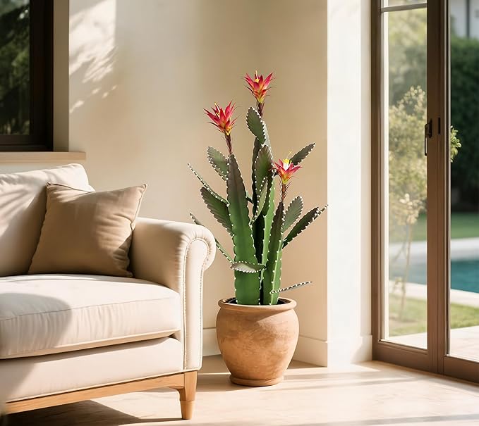 SUNPRAIRIE 33 Inch Large Artificial Cactus with Magenta Flowers in Pot with Natural Gravel. Satin Finish Leaves with Real Look and Feel. Outdoor and Indoor Faux Plants.