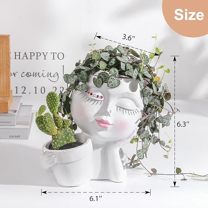 vomiceak Face Planter Pots Head, Planters for Indoor Plants - Double Cute Plant Pots for Flower & Succulent with Drainage Holes - Ideal Present Ideas (White Lady)