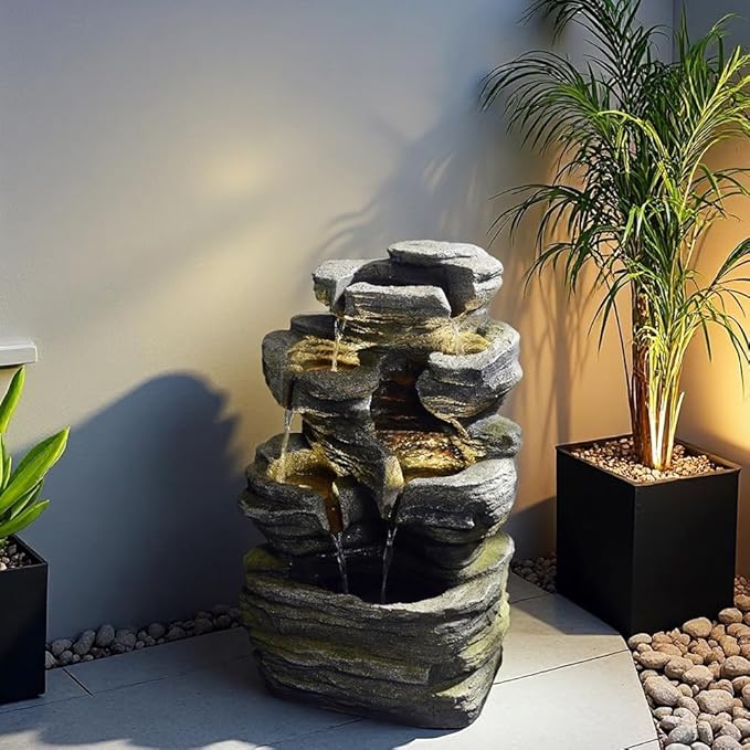 6-Tier Cascading Rock Water Fountain Outdoor Garden Waterfall Decor for Garden, Patio, Backyard, Deck, Porch and Home Art Decor,24.4" H Outdoor Fountain with Lights