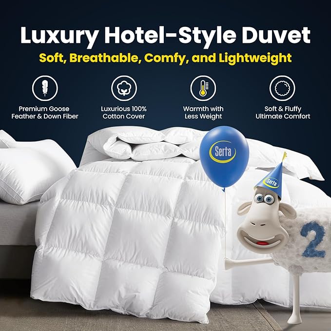Serta Goose Feathers Down Fiber Comforter Twin Size Duvet Insert,100% Cotton,Hotel Luxury Hypoallergenic Comforter 43oz All Season Medium Warmth 68 x 90 in White