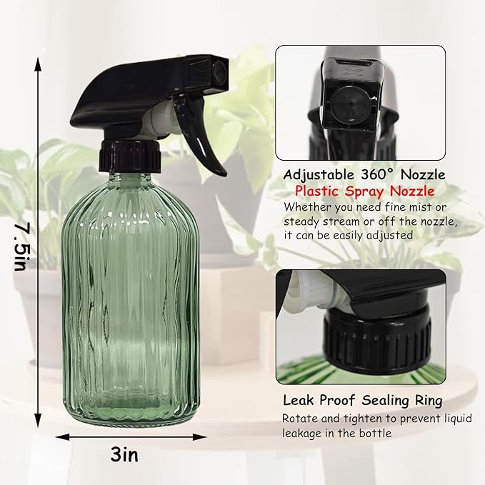 Glass Handheld Spray Bottle, 13.5oz Refillable Water Spray Bottle, Reusable Adjustable Nozzle Plant Mister Spray Bottles Indoor, Plant Mister for Hair, Cleaning, Gardening, Pets Care (Green)