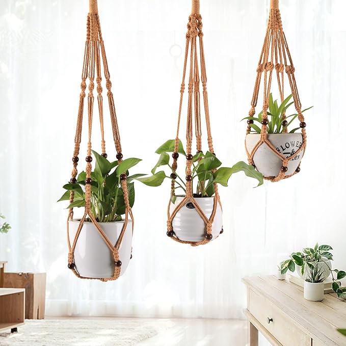 MKO SHUN 3-Pack Macrame Plant Hanger Indoor - Hanging Planter Basket for Indoor Outdoor - Decorative Boho Plant Holders Set with Beads - Ceiling Flower Pot Holder with 6 Hooks - 35"/30"/24" Brown